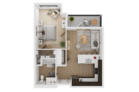 A top-down view of a small apartment layout with a kitchen, living room, and bathroom  at Spyglass Hill Apartments, Bremerton, 98337